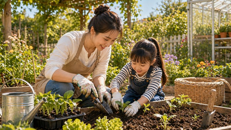 孩子和家长在菜园里一起观察幼苗