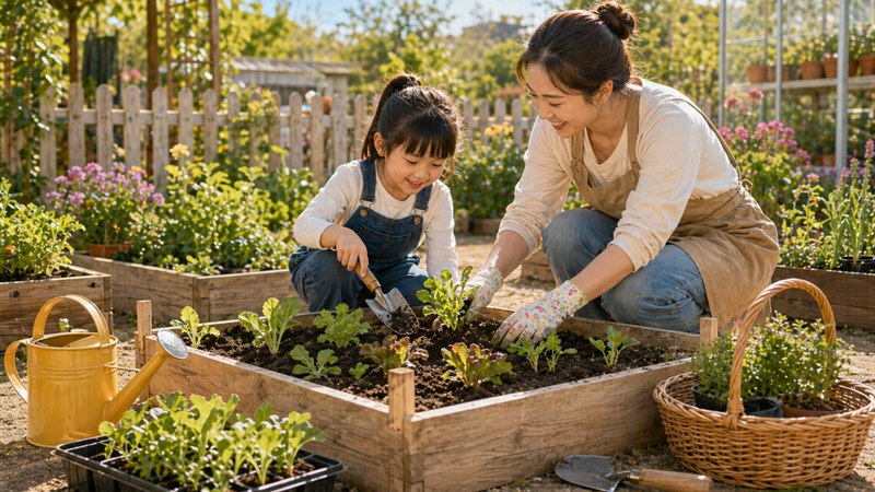家长和孩子在周末菜园里照料蔬菜幼苗