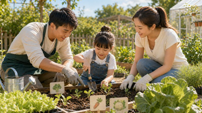 农场工作人员指导家长和孩子种植幼苗