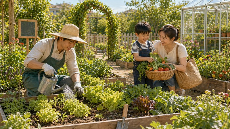 家长和孩子在家庭菜园里采收一篮蔬菜